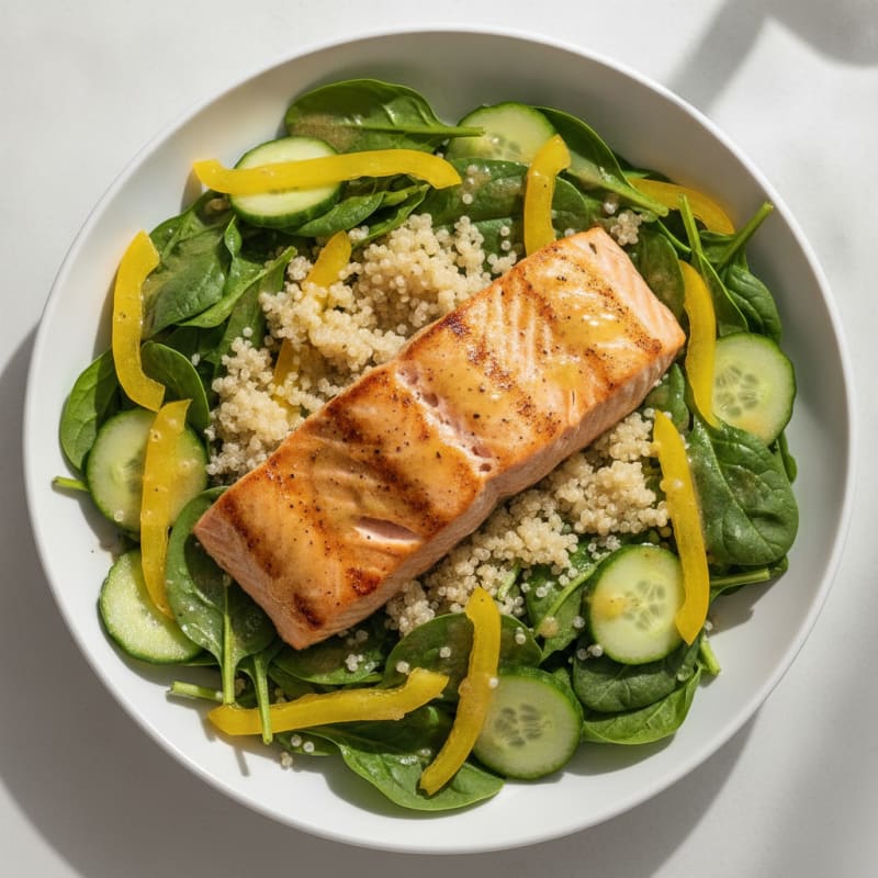 Grilled Salmon Salad with Crunchy Greens and Quinoa