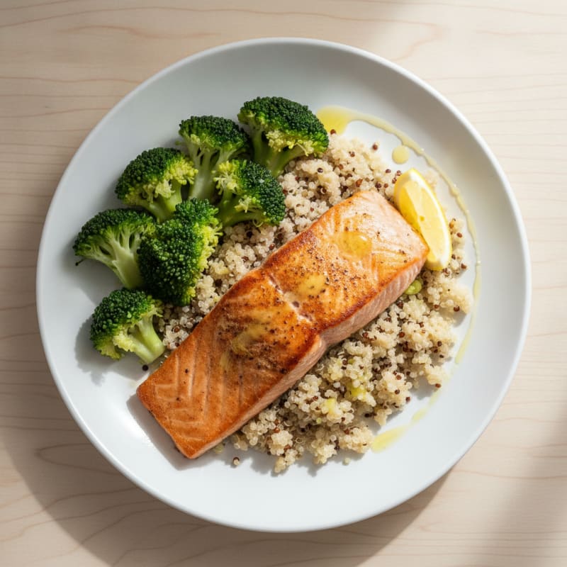 Seared Salmon with Steamed Broccoli and Quinoa