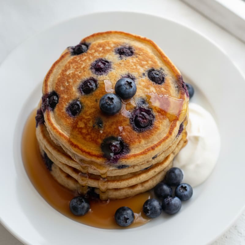 Blueberry Ricotta Pancakes with Maple Syrup