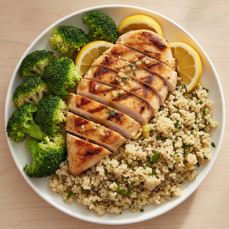 Grilled Lemon Garlic Chicken Breast with Quinoa and Steamed Broccoli