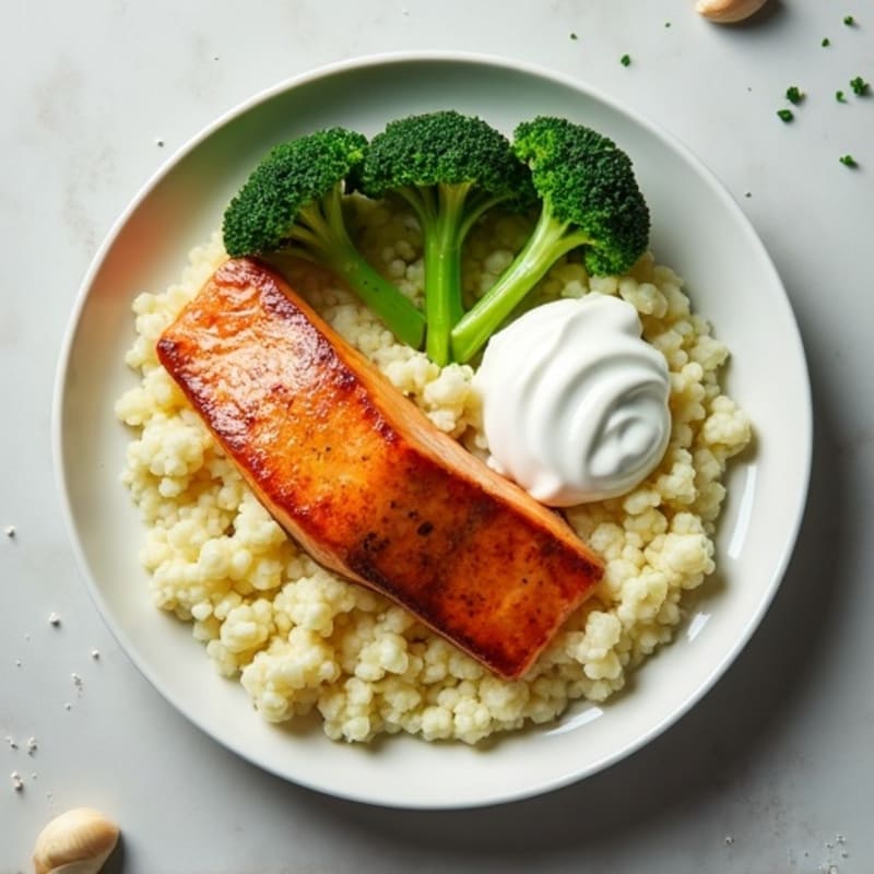 Seared Salmon Fillet with Steamed Broccoli and Garlic Cauliflower Mash