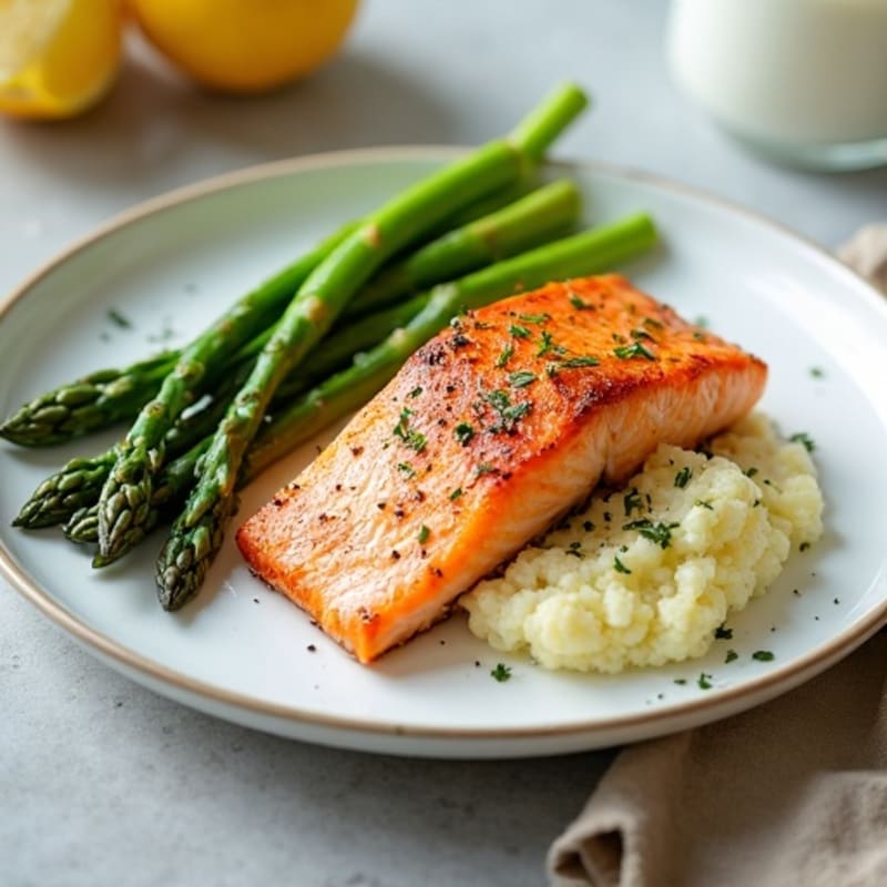Seared Salmon with Steamed Asparagus and Mashed Cauliflower