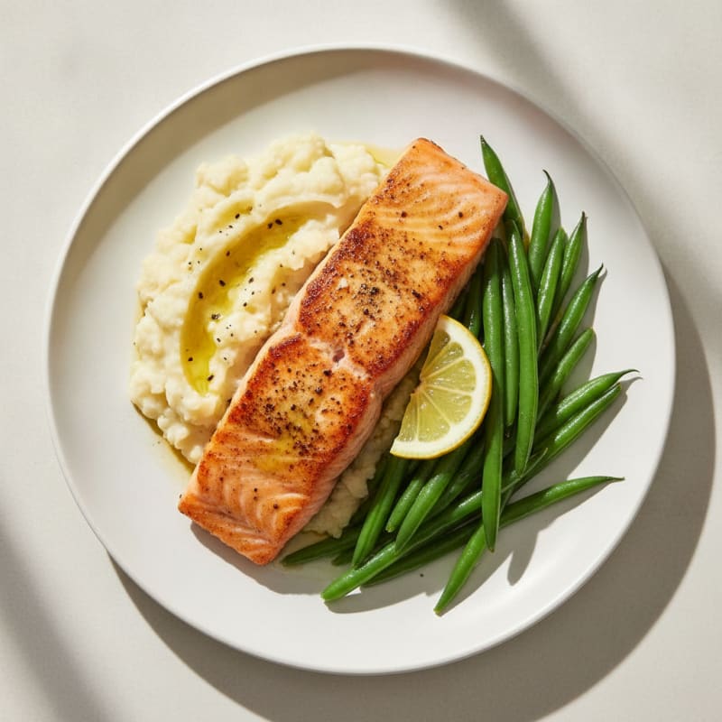Seared Salmon with Steamed Green Beans and Garlic Mashed Cauliflower