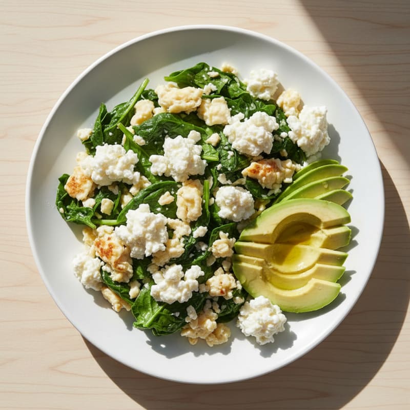 Egg White Spinach Scramble with Cottage Cheese and Sliced Avocado