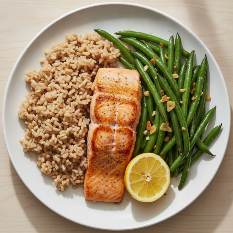 Seared Salmon with Garlic Green Beans and Brown Rice