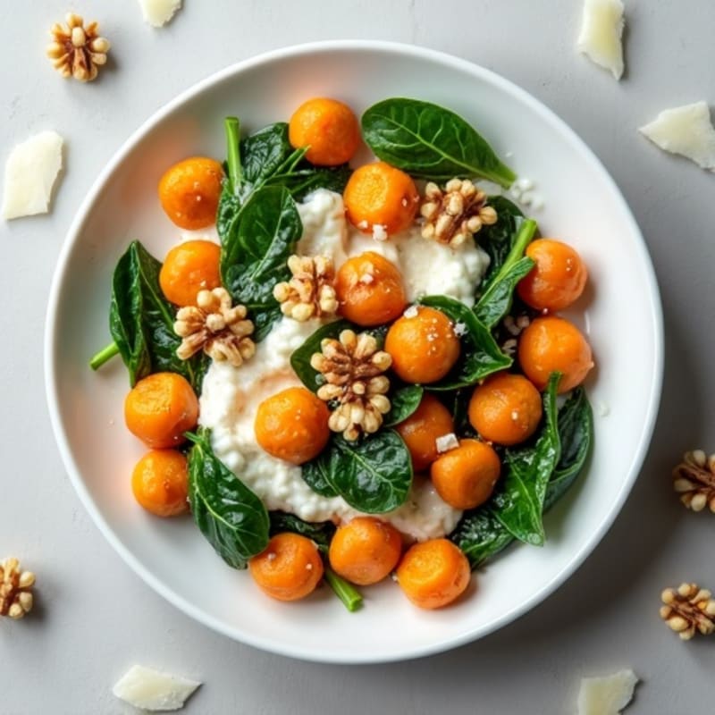Creamy Sweet Potato Gnocchi with Wilted Spinach and Toasted Walnuts