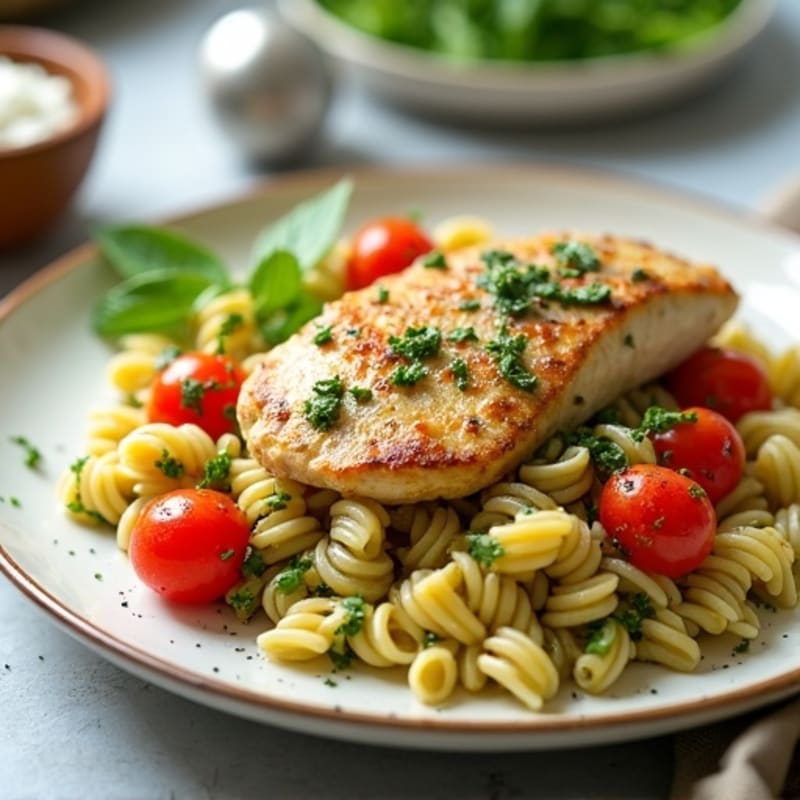 Creamy Pesto Chicken Pasta with Roasted Cherry Tomatoes