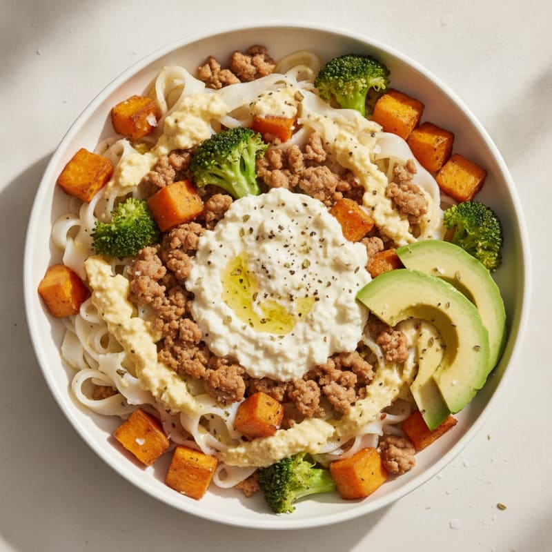 Mediterranean Ground Turkey and Egg White Noodle Bowl