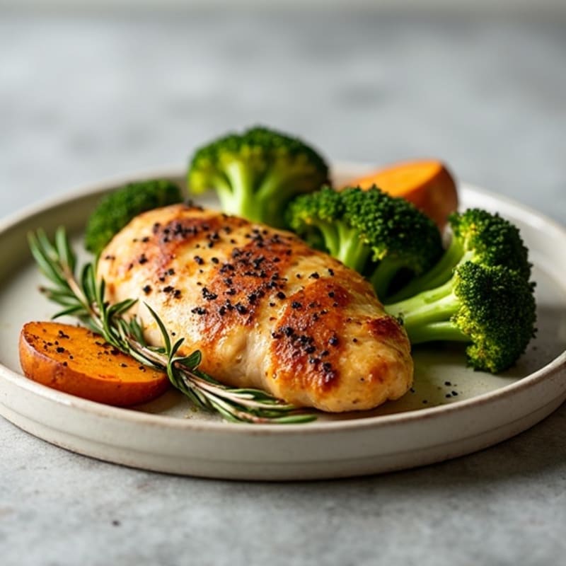 Herb-Roasted Chicken with Crispy Roasted Broccoli and Sweet Potato