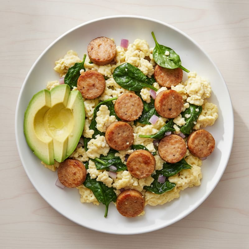 Chicken Sausage and Spinach Egg Scramble