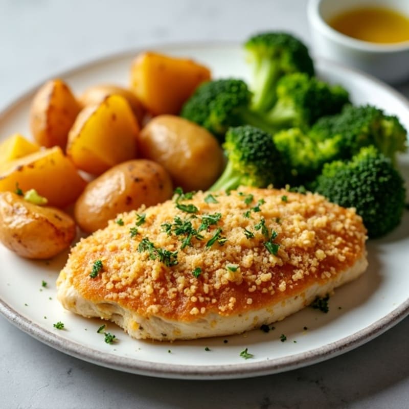 Crispy Parmesan Chicken with Roasted Broccoli and Potatoes