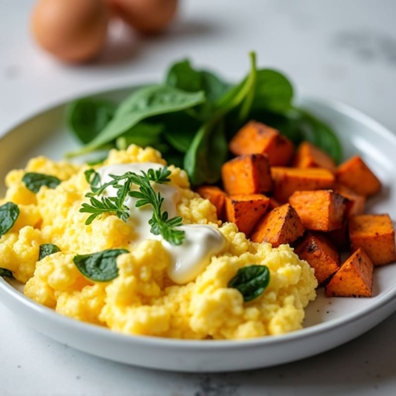 Fluffy Scrambled Eggs with Roasted Sweet Potatoes and Fresh Spinach
