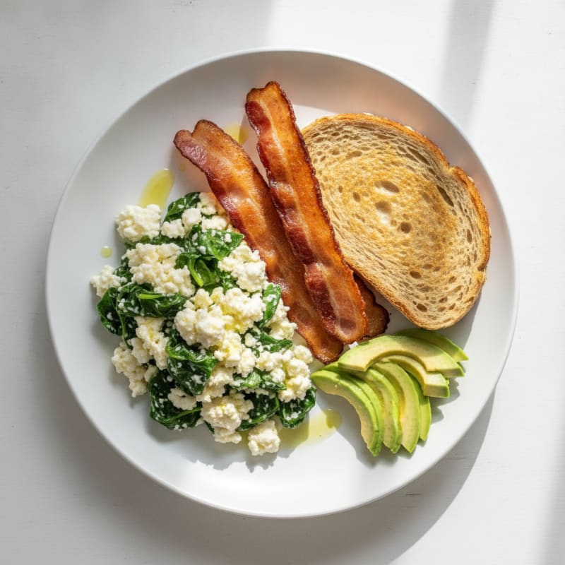 Cottage Cheese Egg White Scramble with Spinach and Turkey Bacon