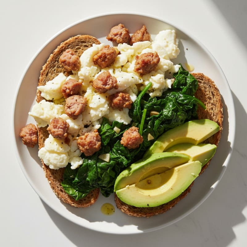 Scrambled Egg Whites with Turkey Sausage and Sautéed Spinach