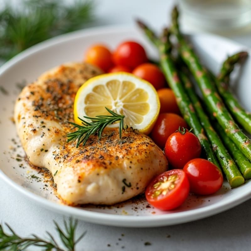 Lemon-Herb Roasted Chicken with Crispy Roasted Asparagus and Cherry Tomatoes