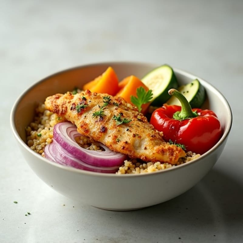 Crispy Lemon-Herb Chicken and Roasted Vegetable Protein Bowl