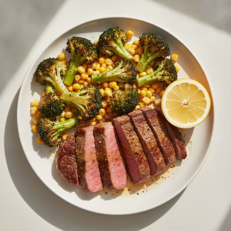 Seared Steak with Roasted Broccoli and Corn
