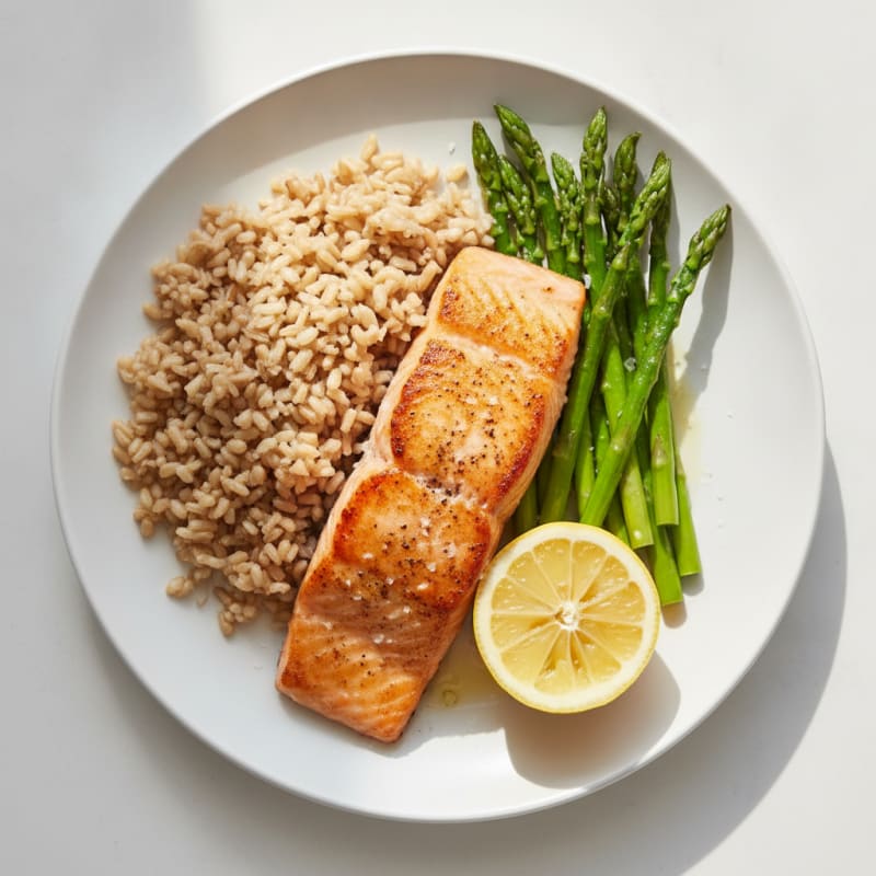 Seared Salmon Fillet with Steamed Asparagus and Brown Rice