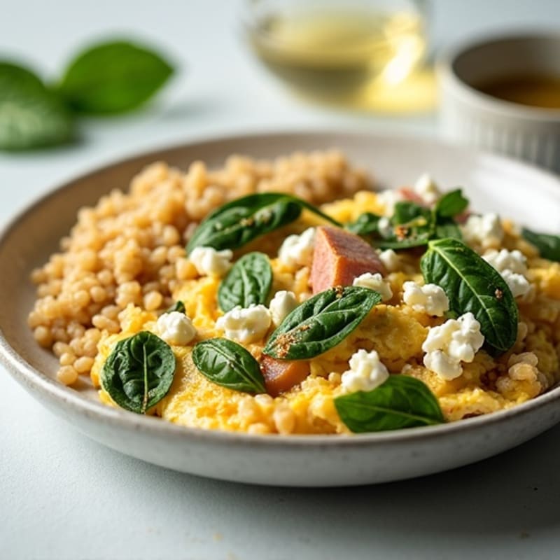 Egg White Spinach Scramble with Cottage Cheese, Sliced Turkey & Quinoa
