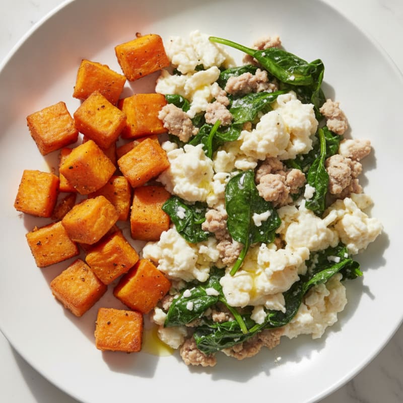 Egg White and Turkey Spinach Scramble with Roasted Sweet Potatoes