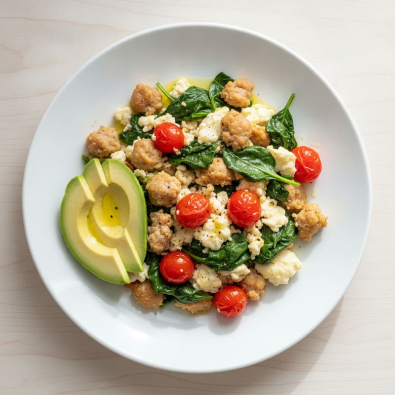 Egg White and Turkey Sausage Scramble with Sautéed Spinach