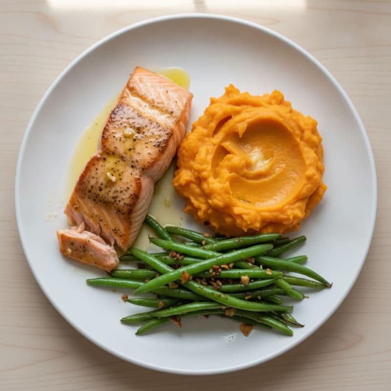 Seared Salmon with Garlic Green Beans and Sweet Potato Mash