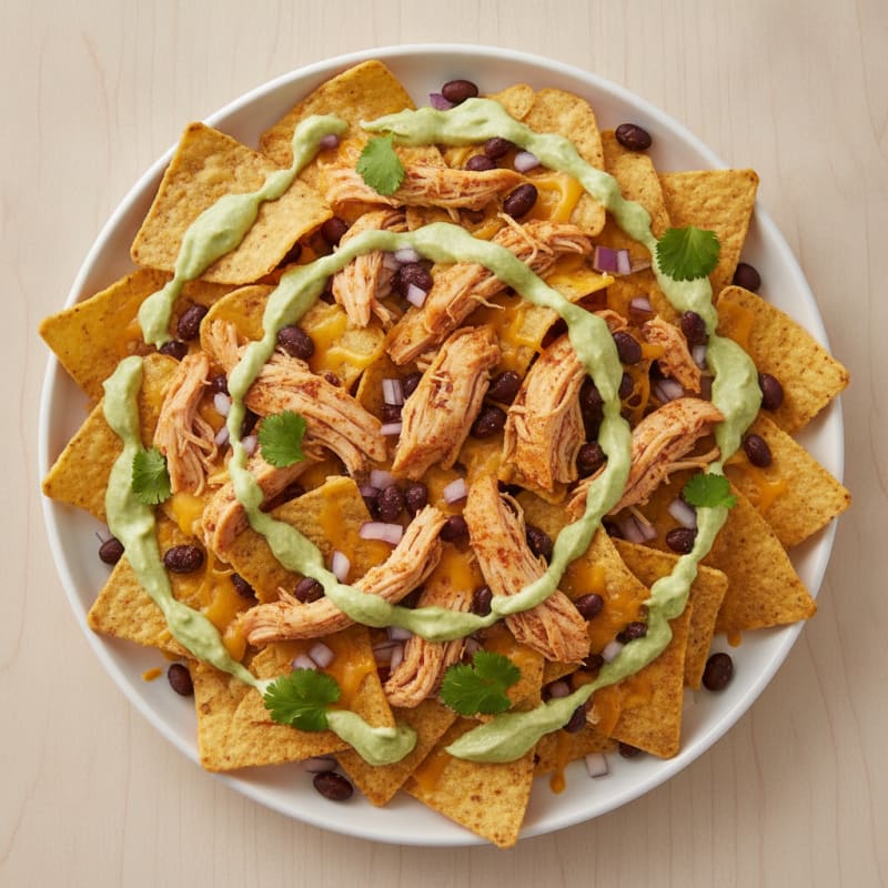 Pulled Chicken Nachos with Avocado Crema