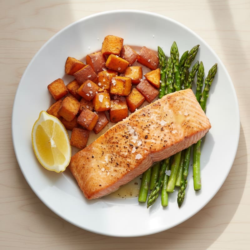 Seared Salmon with Roasted Sweet Potatoes and Asparagus