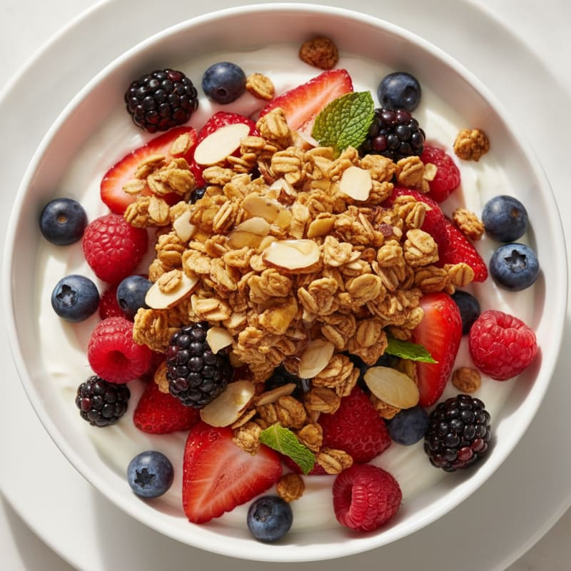 Greek Yogurt Parfait with Mixed Berries and Crunchy Almond Granola