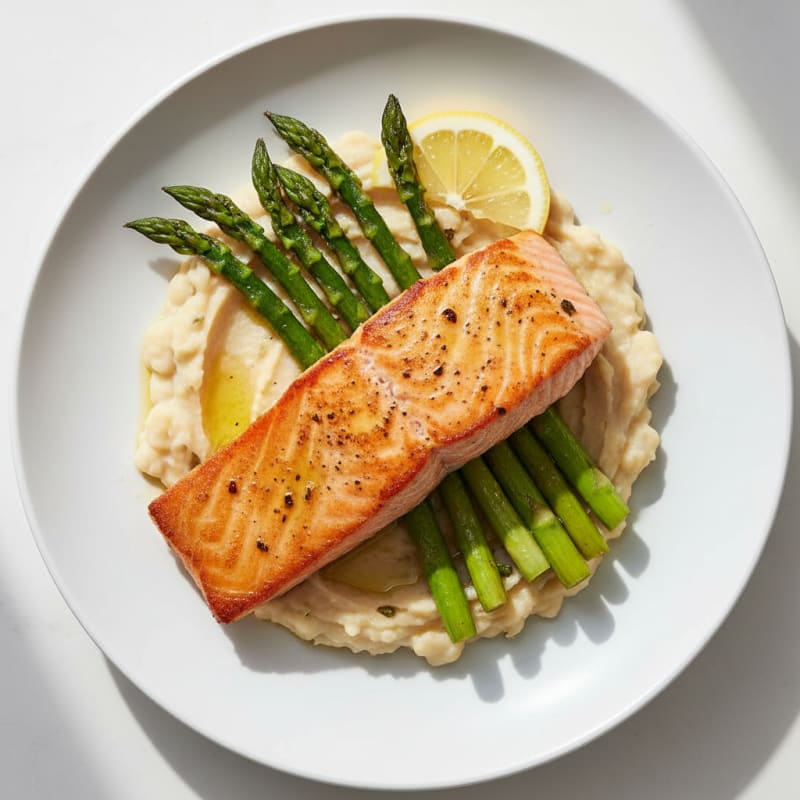Seared Salmon with Creamy White Bean Mash and Roasted Asparagus