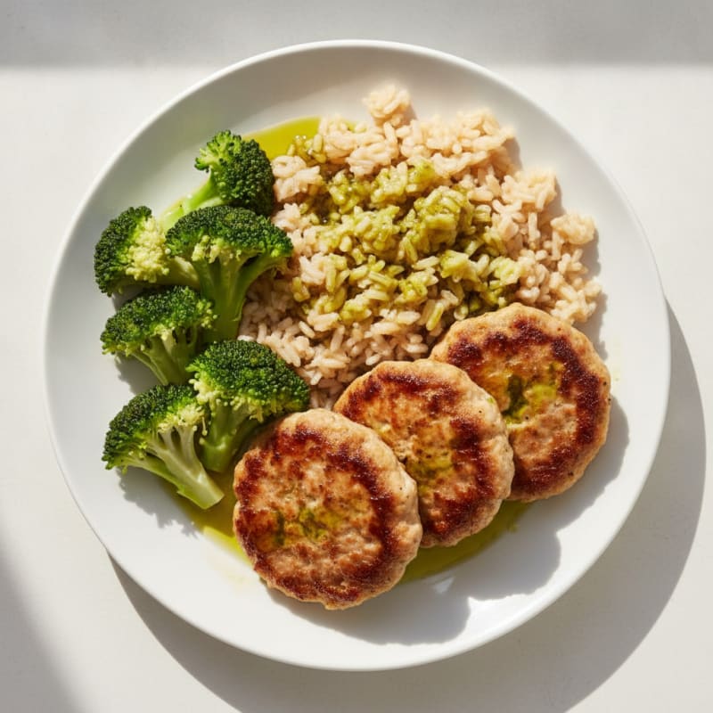 Seared Turkey Patties with Steamed Broccoli and Brown Rice