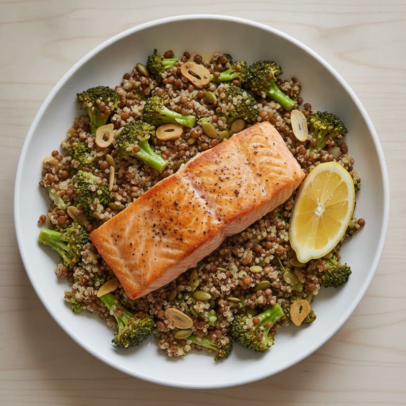 Seared Salmon with Lentil and Broccoli Pilaf
