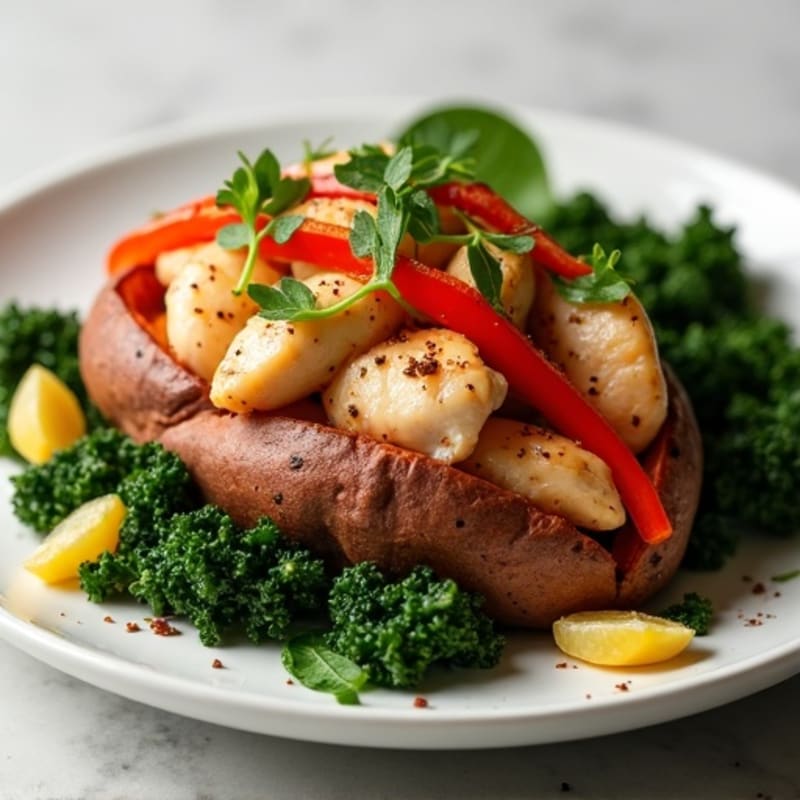 Loaded Baked Sweet Potato with Spiced Chicken and Sautéed Greens