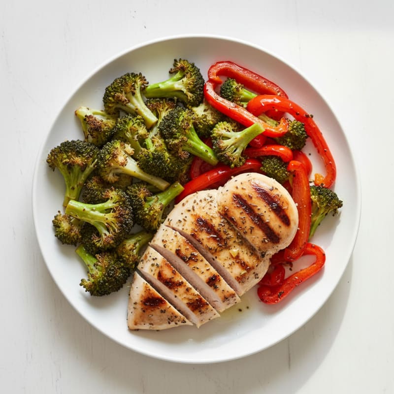 Grilled Chicken Breast with Roasted Broccoli and Red Peppers