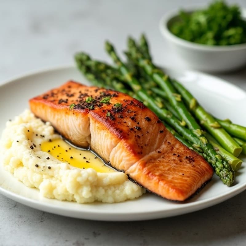 Seared Salmon with Steamed Asparagus and Cauliflower Mash