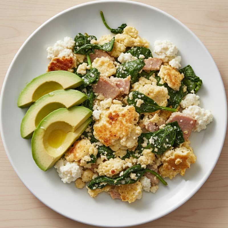 Cottage Cheese Egg Scramble with Spinach and Smoked Turkey