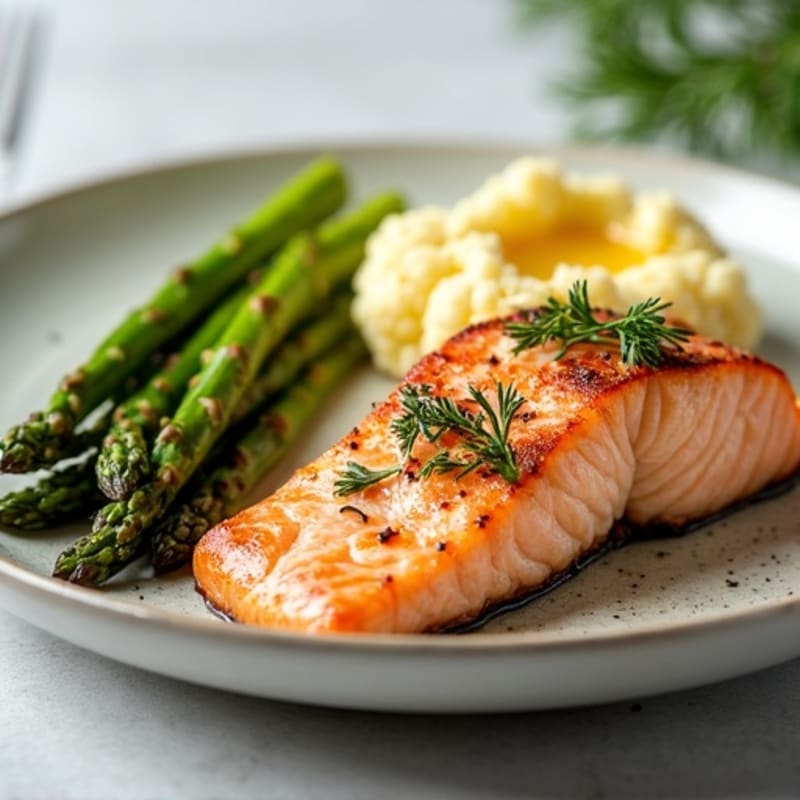 Seared Salmon Fillet with Roasted Asparagus and Garlic Mashed Cauliflower