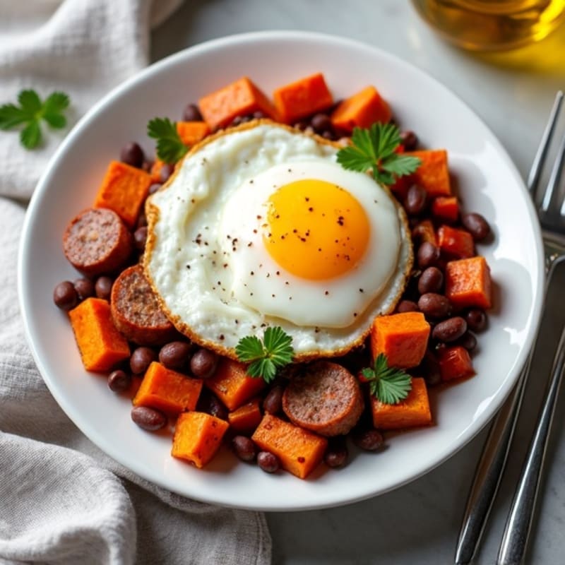 Crispy Sweet Potato Hash with Fried Eggs and Turkey Sausage