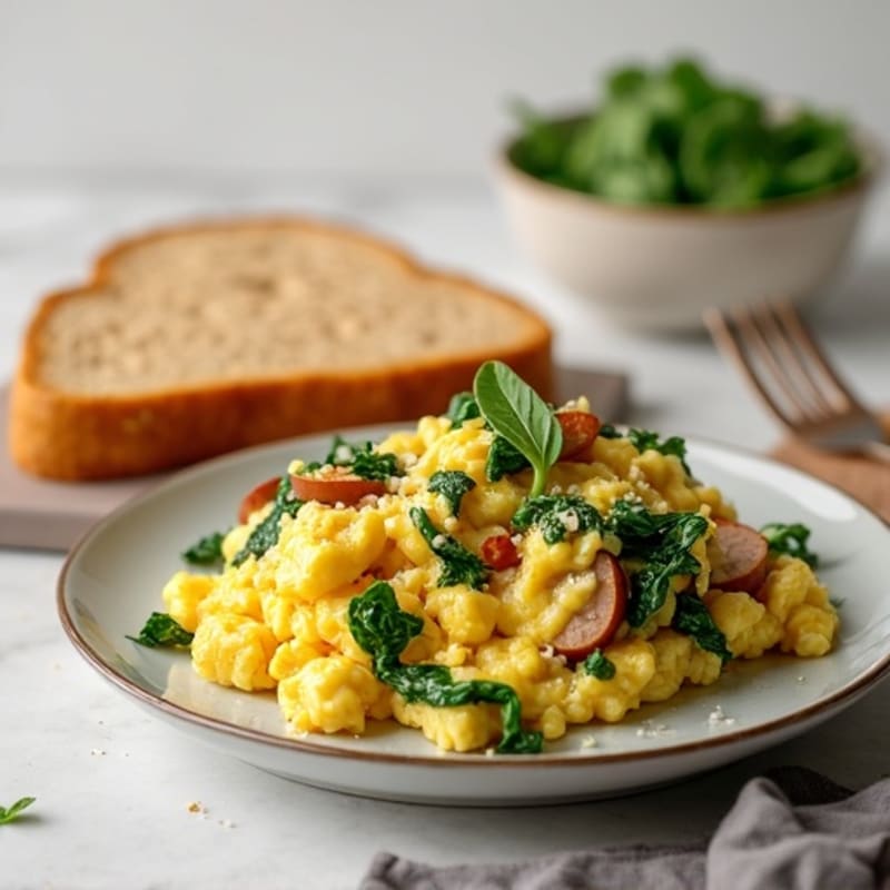 Fluffy Egg White Scramble with Fresh Spinach and Turkey Sausage