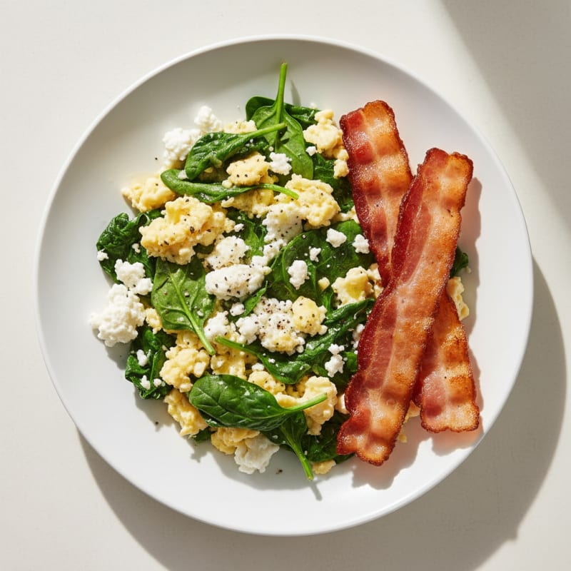 Cottage Cheese Scramble with Spinach and Turkey Bacon