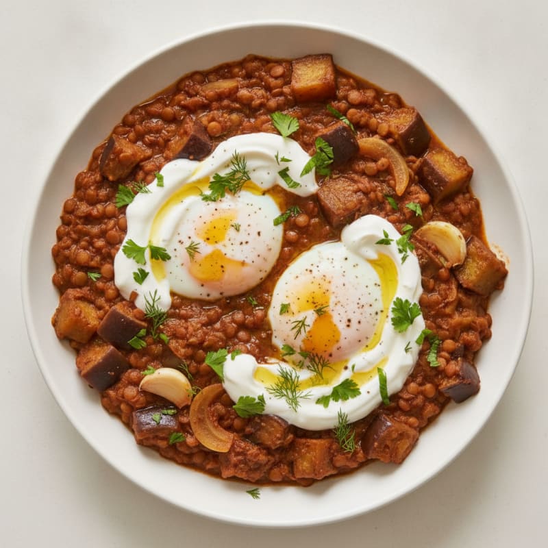 Lentil and Eggplant Stew with Greek Yogurt and Fresh Herbs
