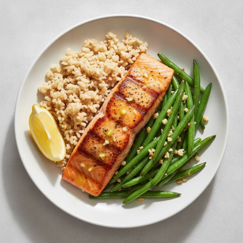 Seared Salmon Fillet with Garlic Green Beans and Brown Rice