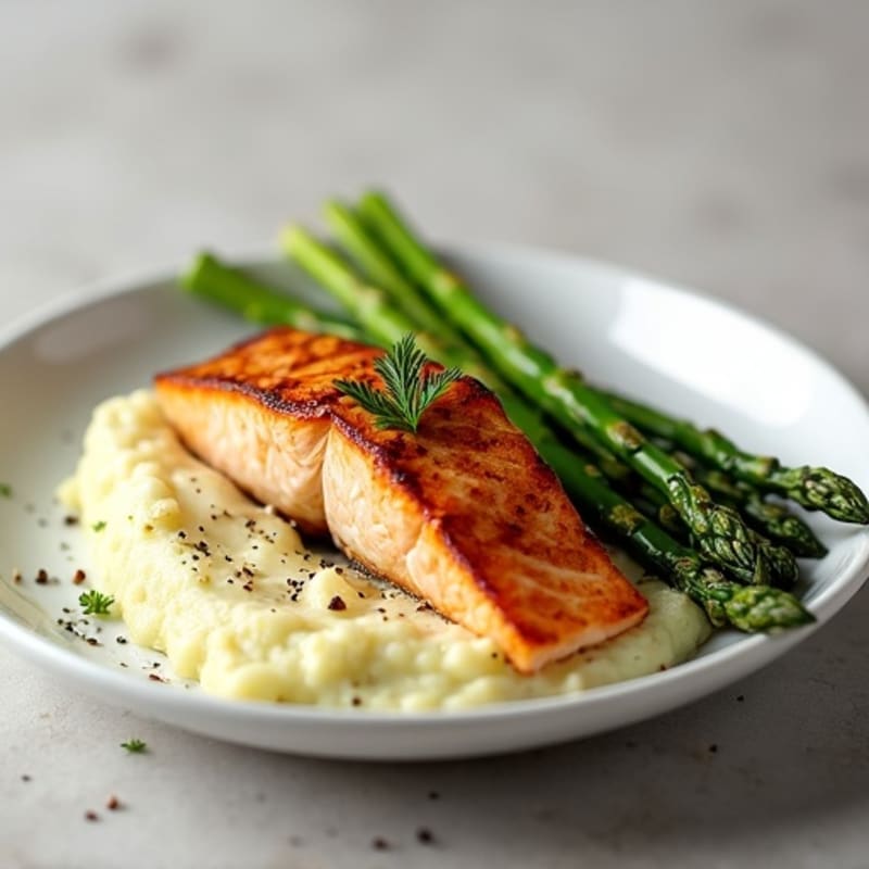 Seared Salmon with Steamed Asparagus and Garlic Cauliflower Mash