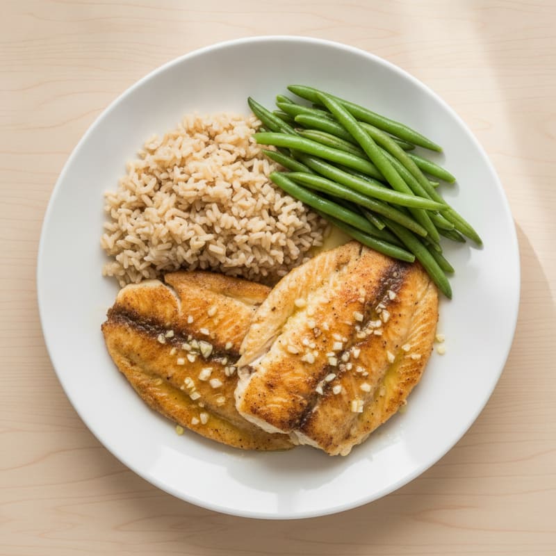 Seared Tilapia with Steamed Green Beans and Brown Rice