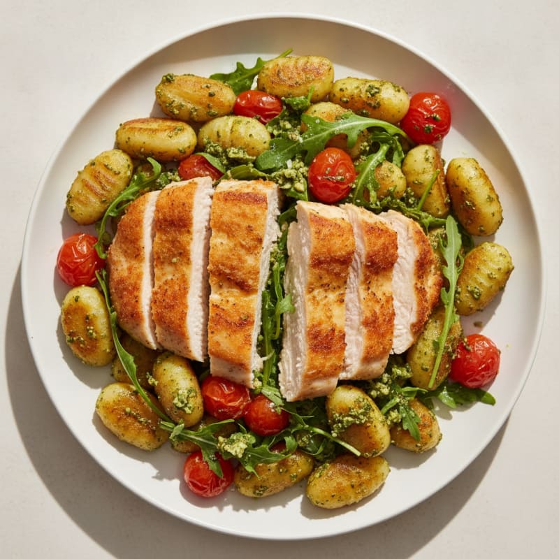 Gnocchi with Arugula Pesto and Cherry Tomatoes