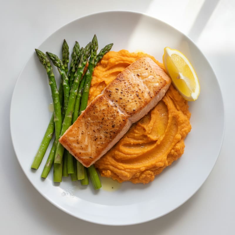 Seared Salmon Fillet with Roasted Asparagus and Sweet Potato Mash