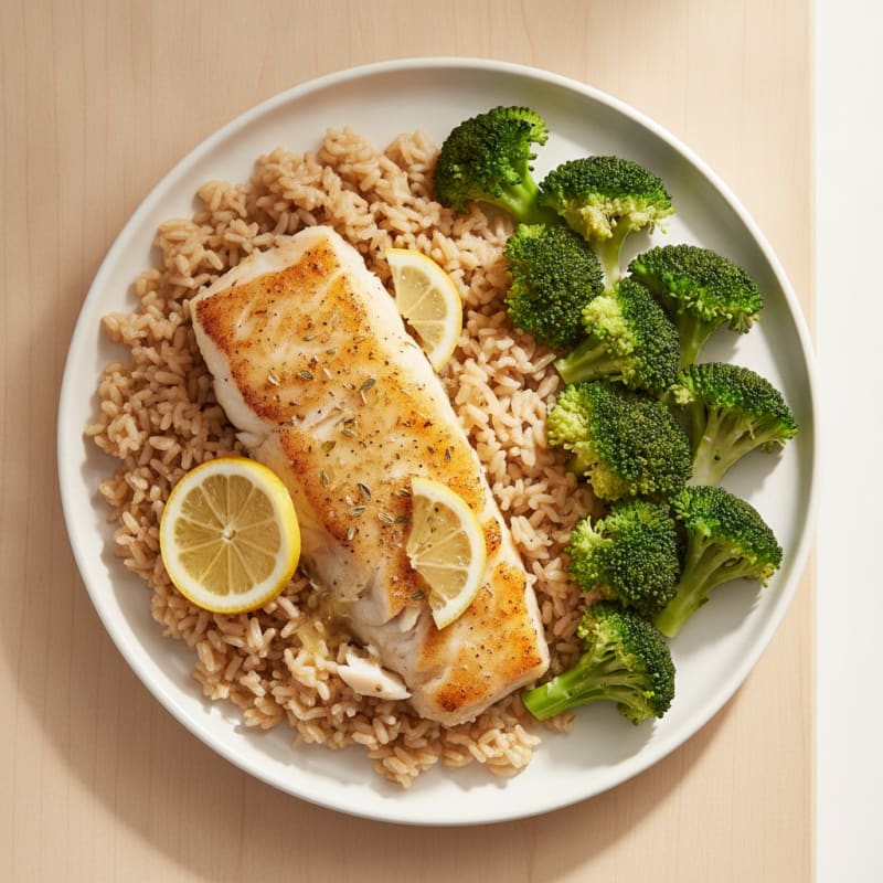 Baked Cod with Steamed Broccoli and Brown Rice