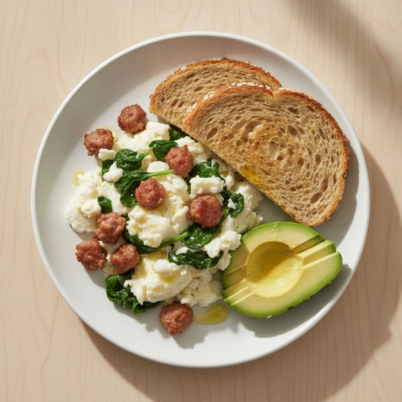 Egg White Spinach Scramble with Turkey Sausage