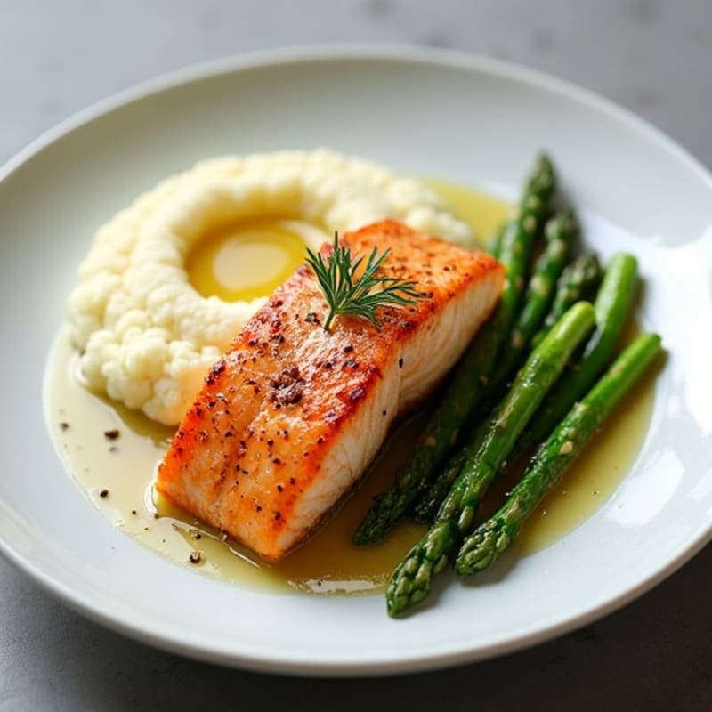 Seared Salmon Filet with Steamed Asparagus and Cauliflower Mash