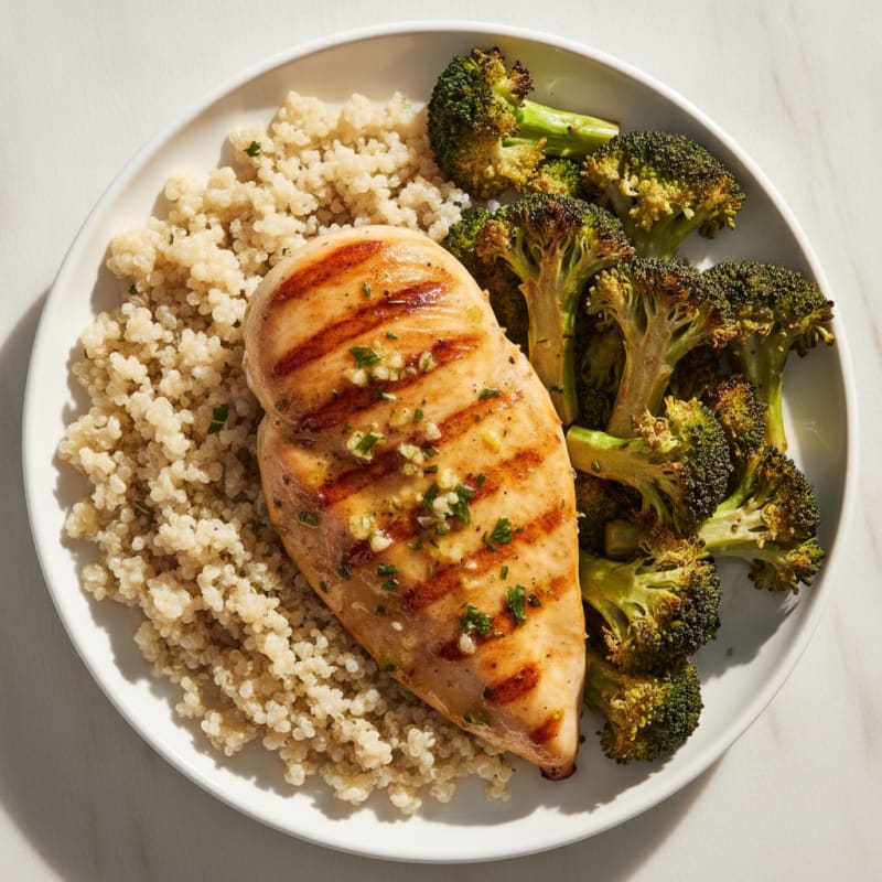 Grilled Lemon-Garlic Chicken Breast with Quinoa and Roasted Broccoli